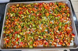 Freezer Food Prep - diced red and green bell peppers ready to go in the freezer.