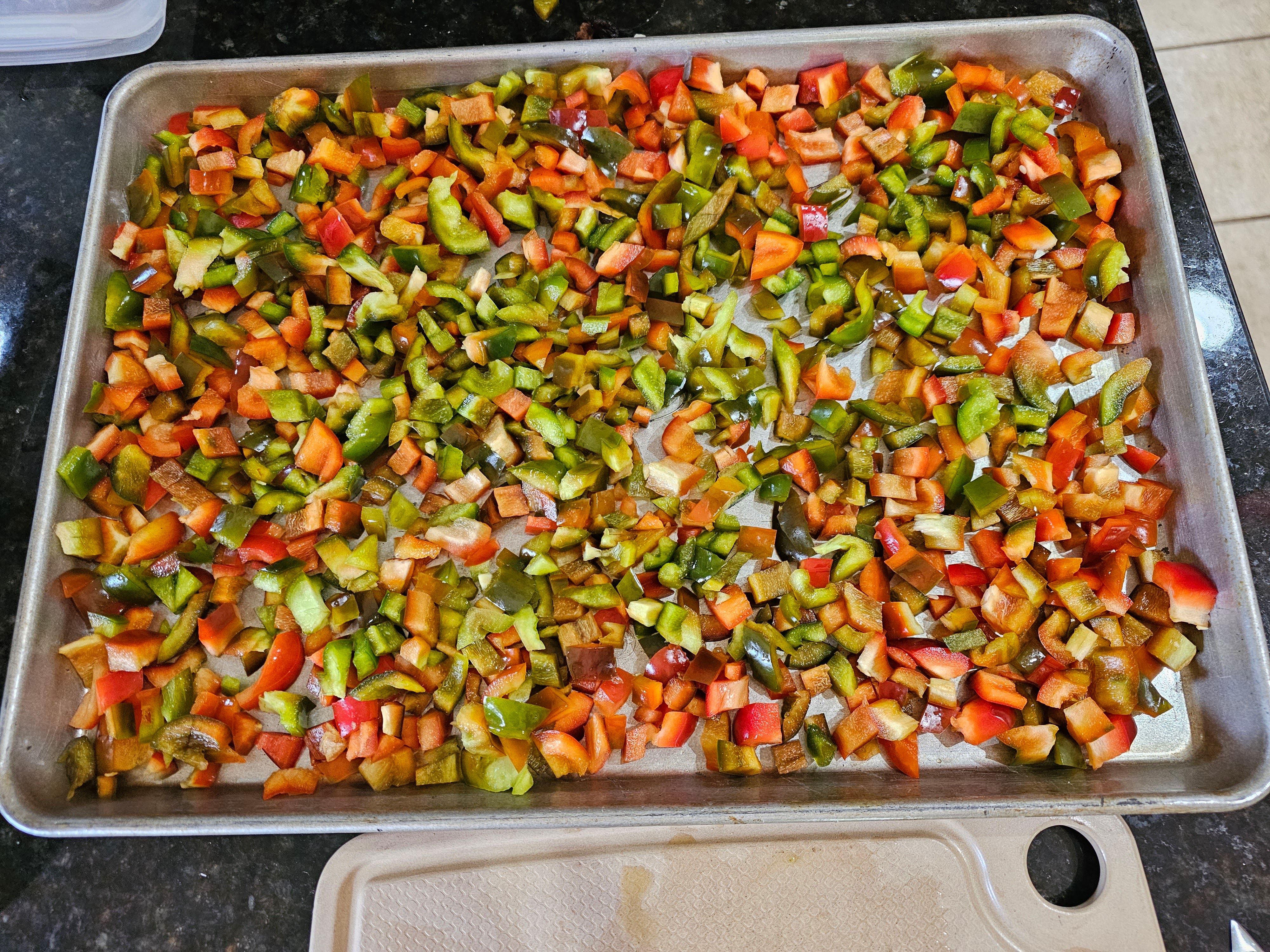 Freezer Food Prep - diced red and green bell peppers ready to go in the freezer.